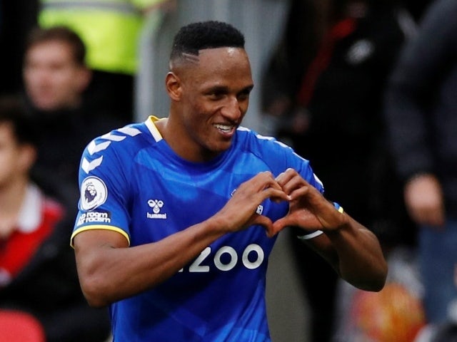 Everton's Yerry Mina celebrates scoring a goal before it is disallowed following a referral to VAR, October 2, 2021