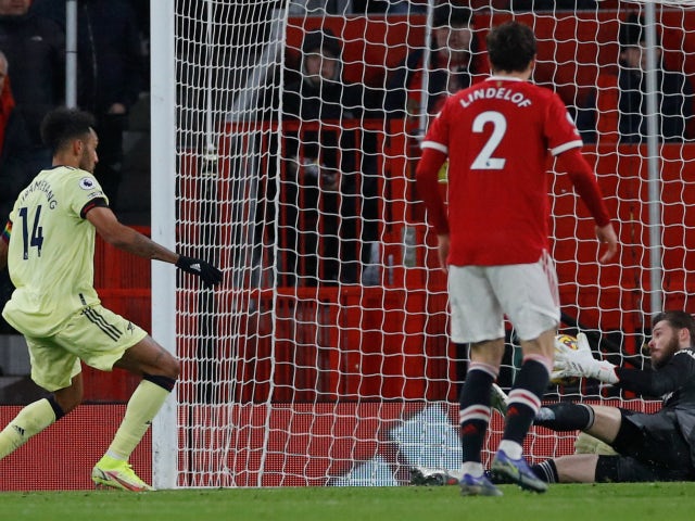 Manchester United's David de Gea saves from Arsenal's Pierre-Emerick Aubameyang on December 2, 2021