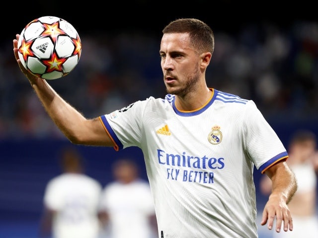 Real Madrid's Eden Hazard with the match ball, September 28, 2021