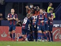Levante's Enis Bardhi celebrates scoring their second goal with teammates on October 28, 2021