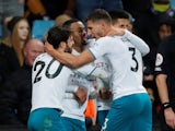 Manchester City's Bernardo Silva celebrates scoring their second goal with teammates on December 1, 2021