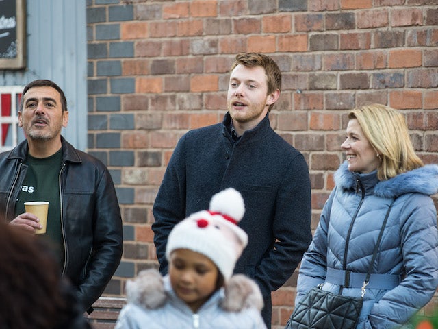 Peter, Daniel and Leanne on Coronation Street on Christmas Day, 2021