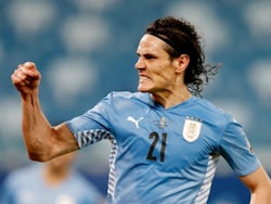 Uruguay's Edison Cavani celebrates scoring their second goal, June 24, 2021