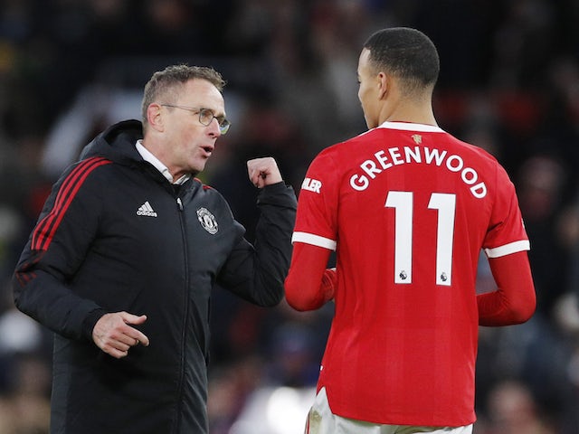 Manchester United interim boss Ralf Rangnick and Mason Greenwood pictured in December 2021