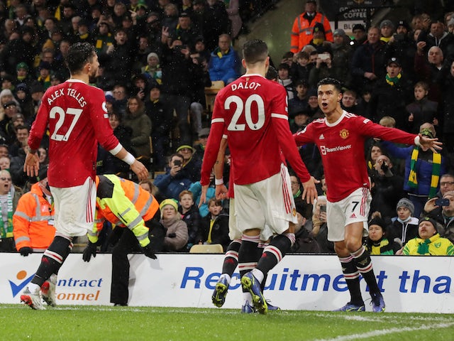 Manchester United's Cristiano Ronaldo celebrates scoring against Norwich City in December 2021
