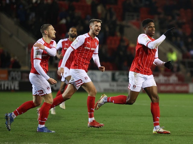 Rotherham United's Chiedzi Ogbene celebrates after scoring his fifth goal on 7 December 2021
