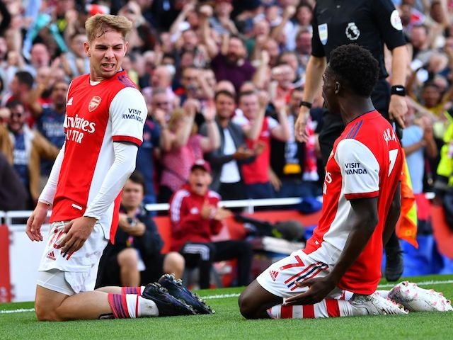 Arsenal's Emile Smith Rowe celebrates scoring their first goal with Bukayo Saka in September 2021
