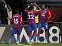 Crystal Palace's Jean-Philippe Mateta celebrates scoring their second goal with Odsonne Edouard and Jeffrey Schlupp on December 28, 2021