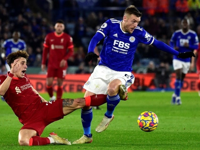  Leicester City's Jamie Vardy in action with Liverpool's Kostas Tsimikas, December 28, 2021 