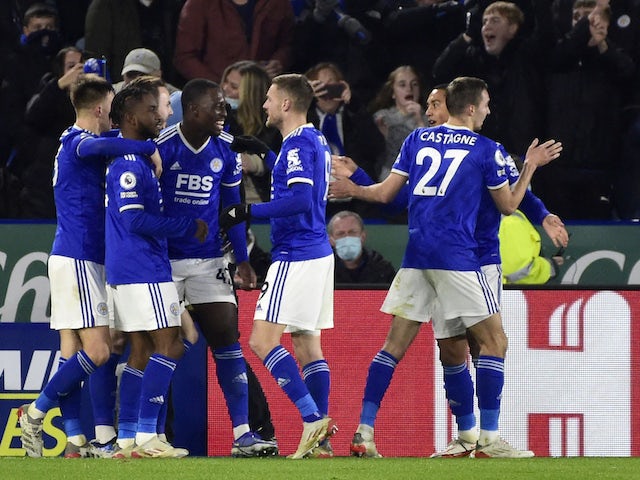 Leicester City's Ademola Lookman celebrates scoring their first goal with teammates on Decem