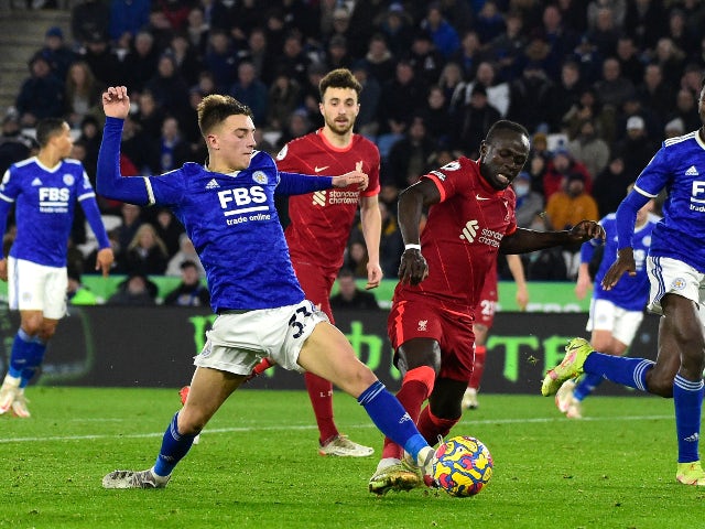 Leicester City's Luke Thomas in action with Liverpool's Sadio Mane in December 2021