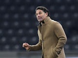 Hertha Berlin coach Bruno Labbadia celebrates at the end of the match on January 2, 2021