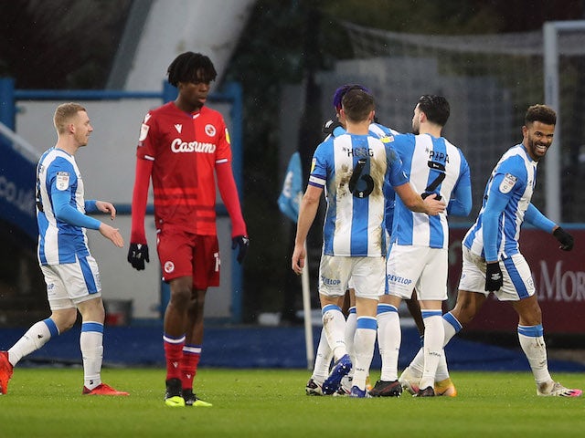 Huddersfield Town's Fraizer Campbell celebrates after scoring their first goal against Reading on January 2, 2021