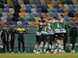 Sporting Lisbon's Pedro Goncalves celebrates scoring their first goal with teammates