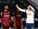 Son Heung-min celebrates scoring for Tottenham Hotspur against Leeds United in the Premier League on January 2, 2021