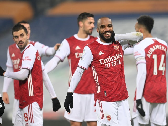 Alexandre Lacazette celebrates scoring for Arsenal against West Bromwich Albion in the Premier League on January 2, 2021
