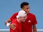 Canada's Felix Auger-Aliassime and Denis Shapovalov celebrate winning their semi final doubles match against Russia's Daniil Medvedev on January 8, 2022