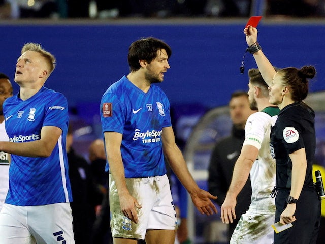 Birmingham City's George Friend is shown a red card by referee Rebecca Welsh on January 8, 2022