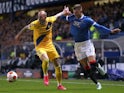 Rangers' Borna Barisic in action with Brondby's Jens Gammelby, October 21, 2021