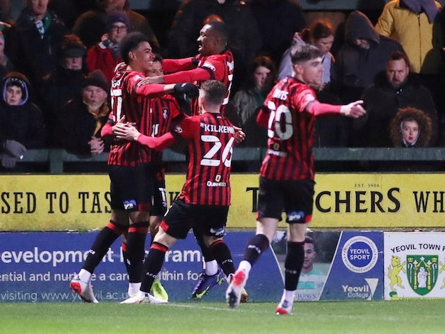 Bournemouth?s Emiliano Marcondes celebrates scoring their first goal with teammates on January 8, 2022