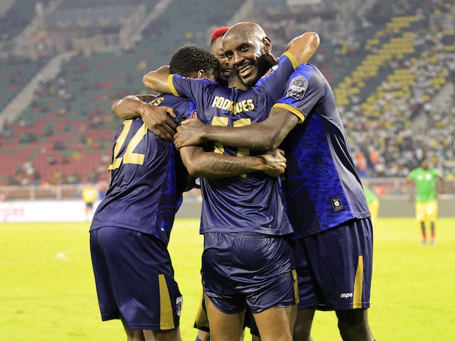 Cape Verde's Julio Tavares celebrates scoring their first goal with teammates on January 9, 2022
