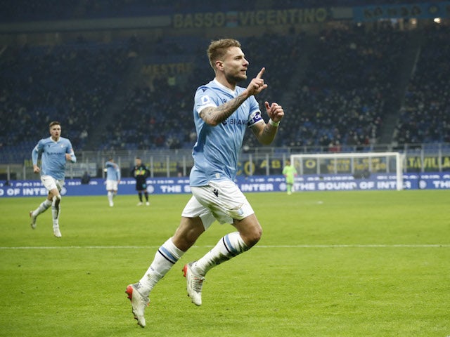 Lazio's Ciro Immobile celebrates scoring their first goal on January 9, 2022