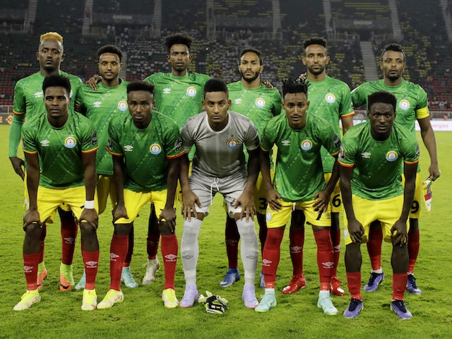 Ethiopia players pose for a team group photo before the match on January 9, 2022