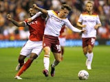 Nottingham Forest's Cafu in action with Bradford City's Elliot Watt, August 11, 2021