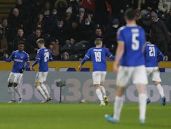 Everton's Demarai Gray celebrates scoring their first goal with Anthony Gordon on January 8, 2022