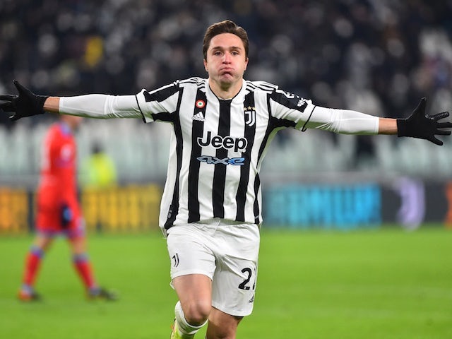 Juventus' Federico Chiesa celebrates scoring their first goal on January 6, 2022