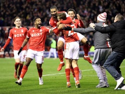 Nottingham Forest's Lewis Grabban celebrates scoring their first goal with teammates on January 9, 2022