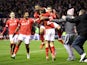 Nottingham Forest's Lewis Grabban celebrates scoring their first goal with teammates on January 9, 2022