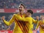 Barcelona's Luuk de Jong celebrates scoring their first goal with Gavi on January 8, 2022