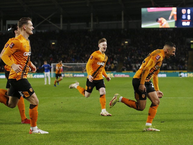 Hull City's Tyler Smith celebrates scoring their first goal on January 8, 2022