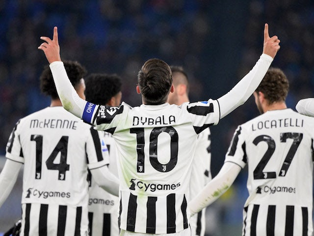 Juventus' Paulo Dybala celebrates scoring their first goal with Weston McKennie, Manuel Locatelli and teammates on January 9, 2022
