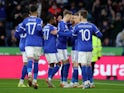 Leicester City's Youri Tielemans celebrates scoring their first goal with teammates on January 8, 2022