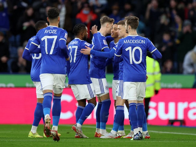Leicester City's Youri Tielemans celebrates scoring their first goal with teammates on January 8, 2022