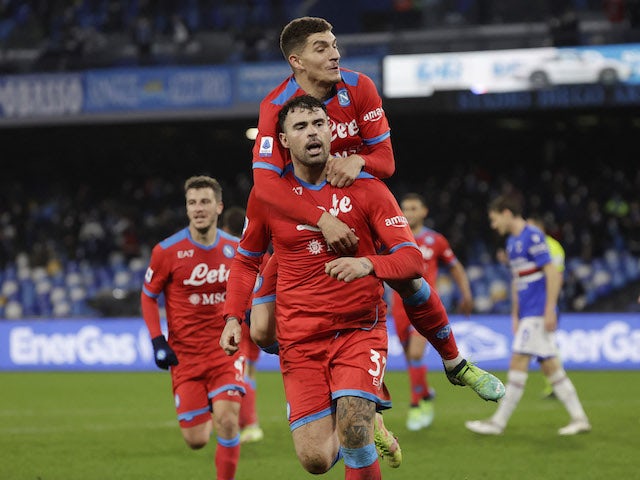 Napoli's Andrea Petagna celebrates scoring their first goal with Giovanni Di Lorenzo on January 9, 2022