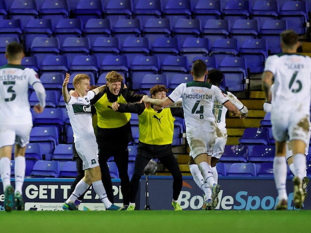 Plymouth Argyle's Ryan Law celebrates after scoring their first goal on January 8, 2022