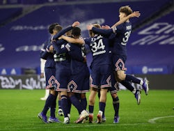 Paris Saint-Germain's (PSG) Thilo Kehrer celebrates scoring their first goal with teammates on January 9, 2022