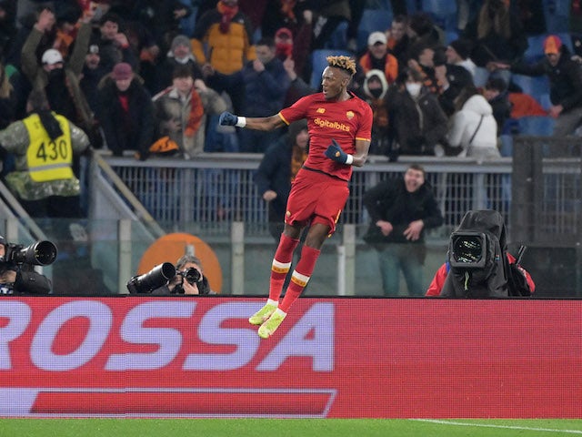Roma's Tammy Abraham celebrates scoring their first goal on January 9, 2022