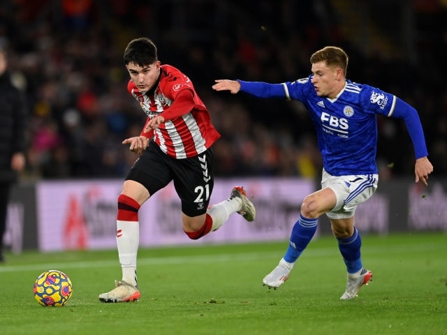 Southampton's Tino Livramento in action with Leicester City's Harvey Barnes on December 1, 2021