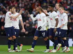 Tottenham Hotspur's Lucas Moura celebrates scoring their second goal with Harry Winks and Ryan Sessegnon on January 9, 2022
