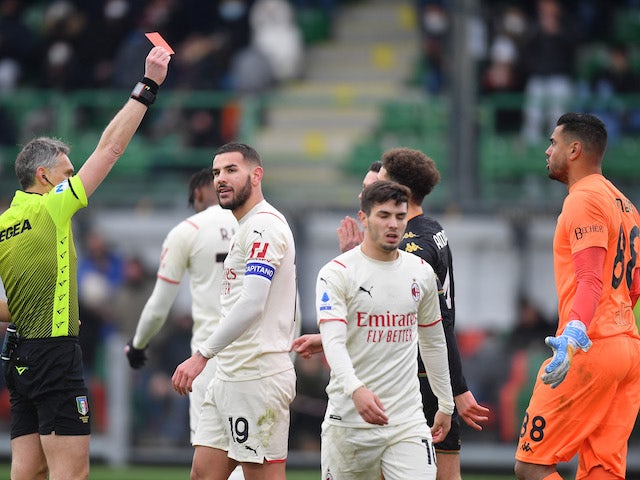 Venezia's Michael Svoboda is shown a red card by referee Massimiliano Irrati on January 9, 2022