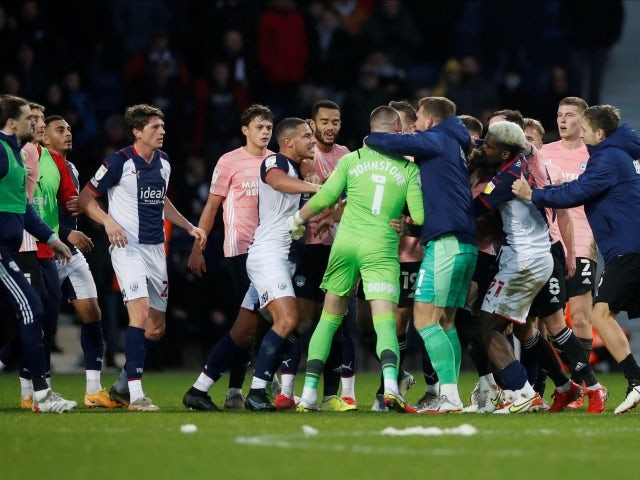 West Bromwich Albion and Cardiff City players clash at full time on January 2, 2022
