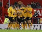 Wolverhampton Wanderers' Joao Moutinho celebrates scoring their first goal with teammates on January 3, 2022