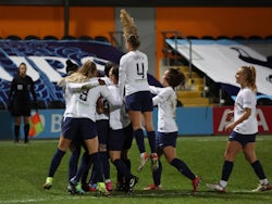 Tottenham Hotspur Women's Rosella Ayane celebrates scoring their first goal with teammates on January 16, 2022