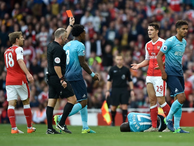Granit Xhaka is sent off for Arsenal against Swansea City in October 2016