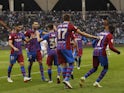 Barcelona's Luuk de Jong celebrates scoring their first goal with teammates on January 12, 2022