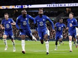 Chelsea's Antonio Rudiger celebrates scoring their first goal with Romelu Lukaku on January 12, 2022